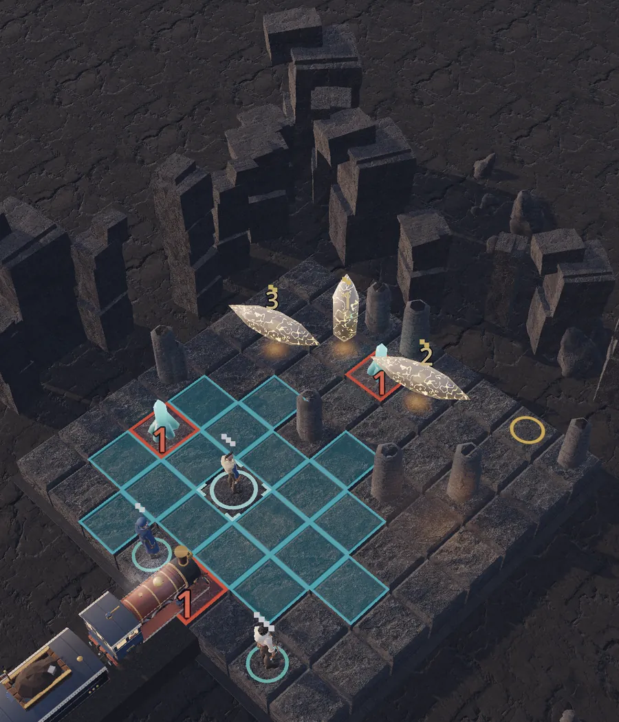 A quieter board with no HUD: cyan move tiles, two hovering Harrow of smoked glass, and the railhead on the near edge.