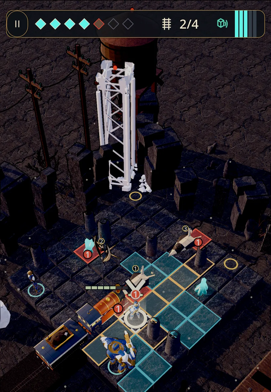 A fight from the build: three Free Holds units and the railhead on an 8x8 basalt board. Cyan tiles show where a unit can move, red tiles with numbers show where Harrow will strike, and diamond pips at the top show the line.