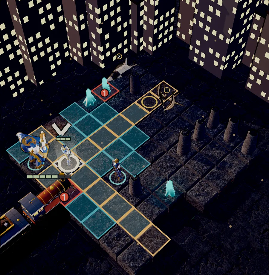 A stretch beside a lit city: the squad, the railhead on the lane, and a Harrow target marked in red.