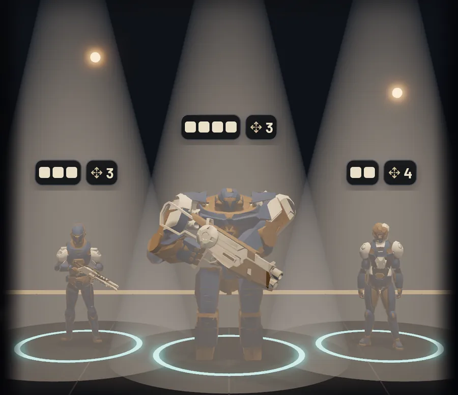The lineup screen from the build: the Rifleman, the Hauler walker and the Signaller under three spotlights, with their health pips.