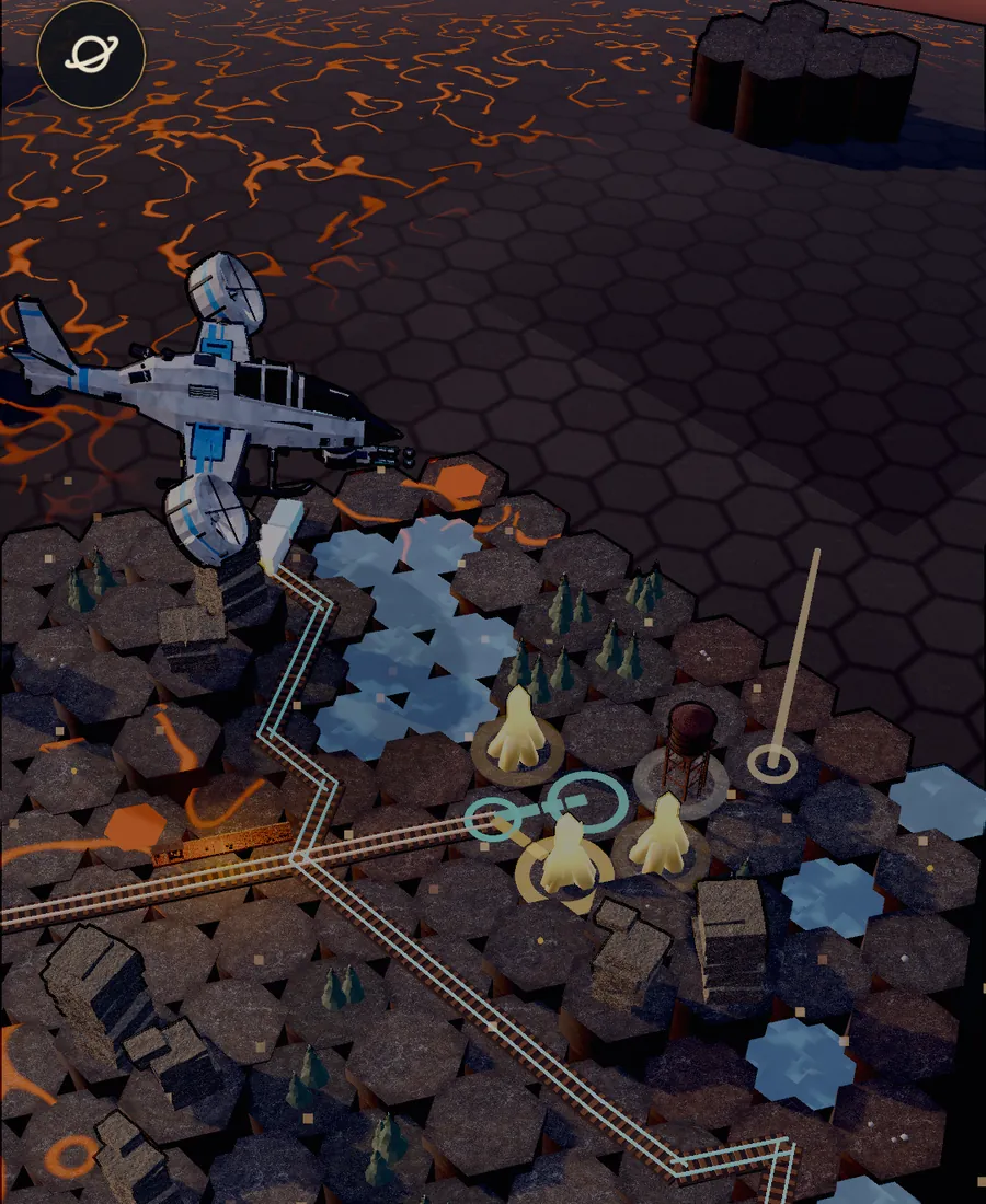 The route screen from the build: a hex-tiled world of dark basalt and molten cracks, the line drawn across it, and the next stretch marked with a pin.
