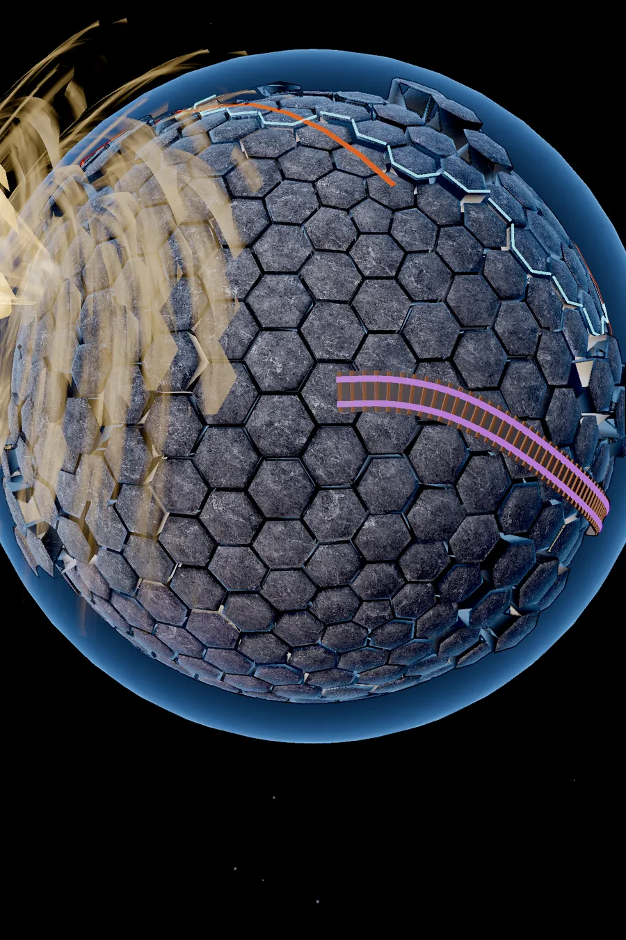 A hex-tiled planet in the Reach map, with a line of track drawn across it.